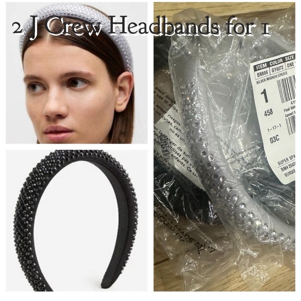 2 for 1 J. CREW Rhinestone Silver and Black Beaded Headband Timeless Classic